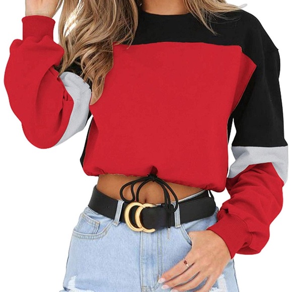 Drawstring Color Block Crop Pullover - Picture 2 of 4